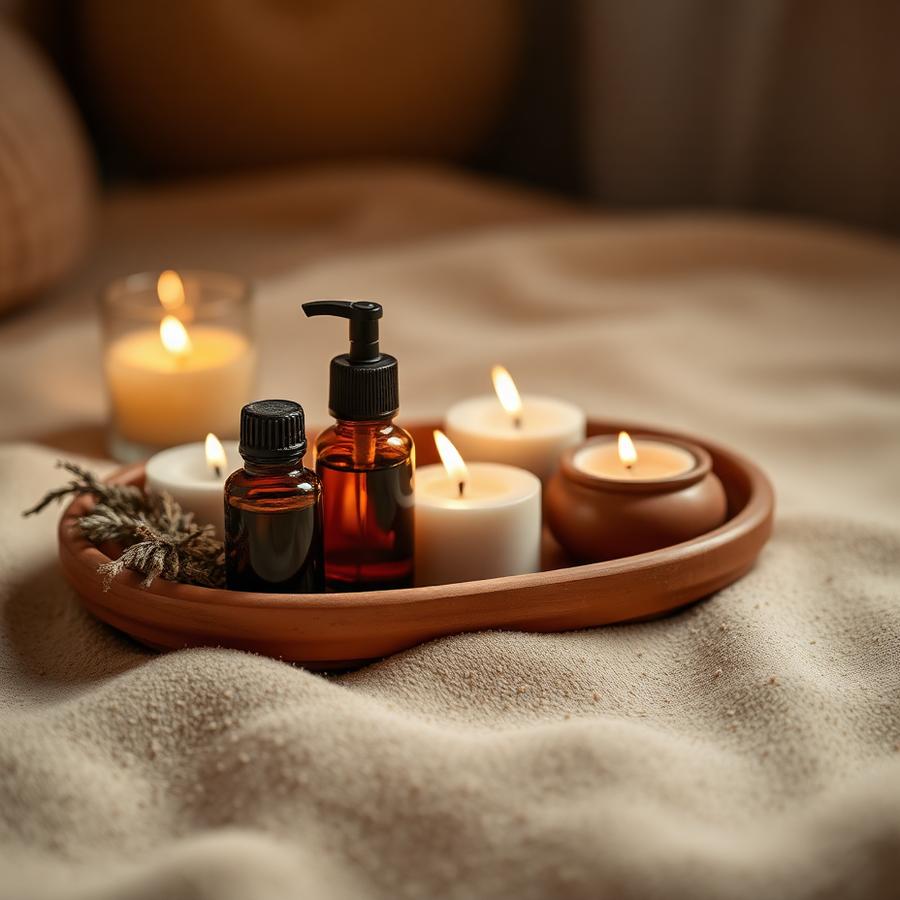 Aceites esenciales y velas sobre charola de barro