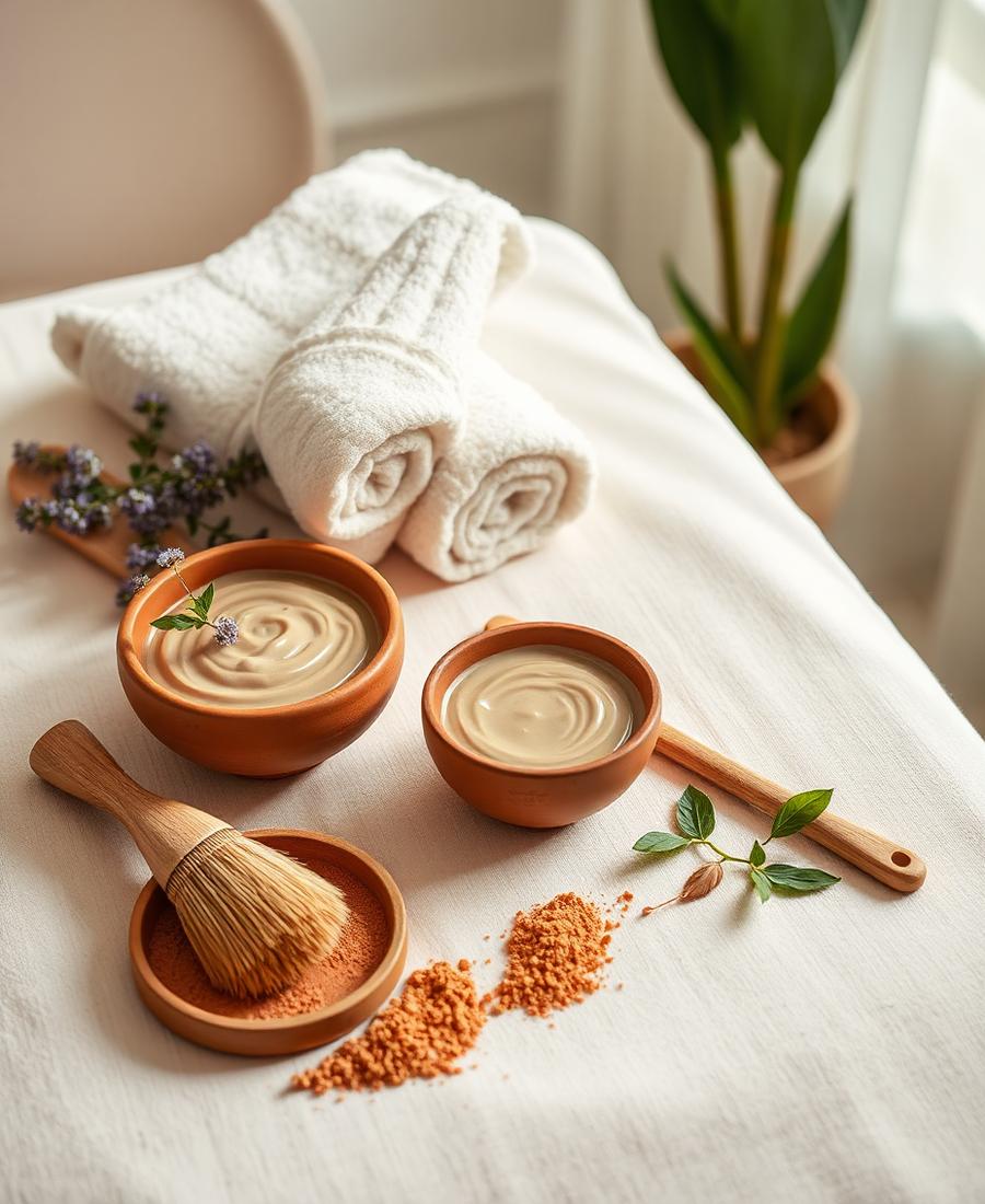 Mesa de tratamiento facial con arcillas y botánicos